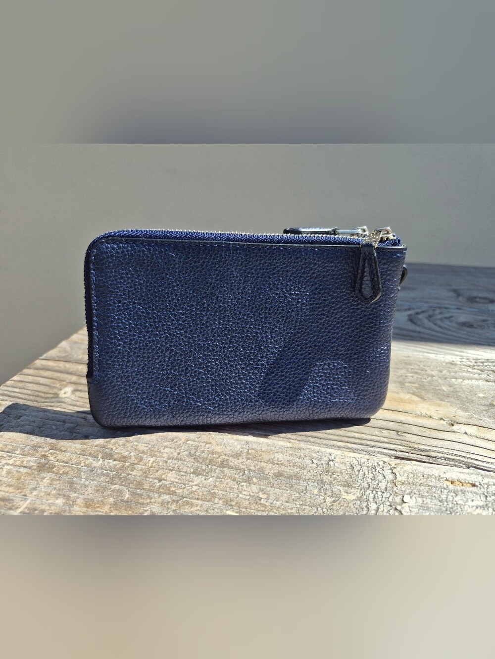 Coach Pebbled Leather Double Corner Zip Wristlet in Metallic Midnight Blue - Picture 4 of 11